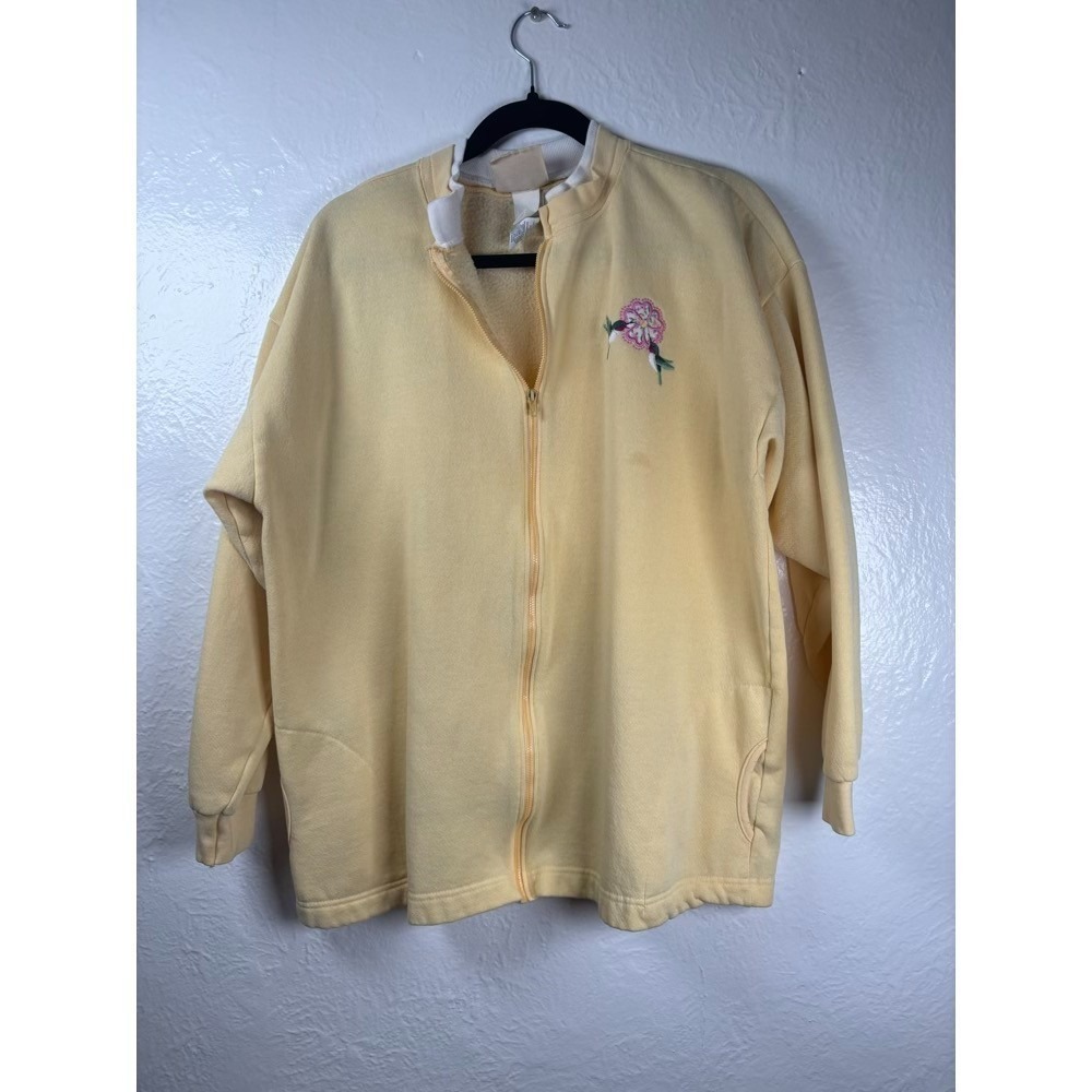 VTG Top Stitch Morning Sun‎ Sweatshirt Full Zip XL Yellow Hummingbird Embroidery